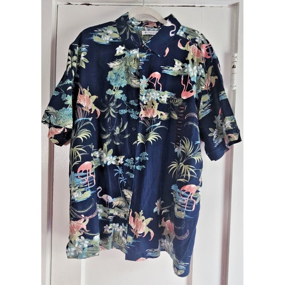 NWOT CUBAVERA mens XL tropical print pink flamingos linen blend Hawaiian shirt